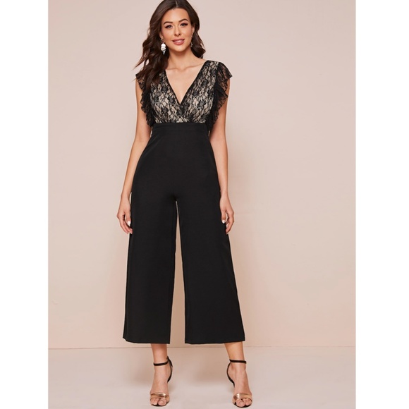 Lace Detail V-Neck Ruffle Trim Wide Leg Jumpsuit - Picture 6 of 8